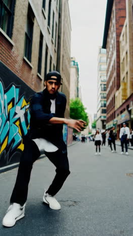 dynamic breakdancing in an urban setting with graffiti