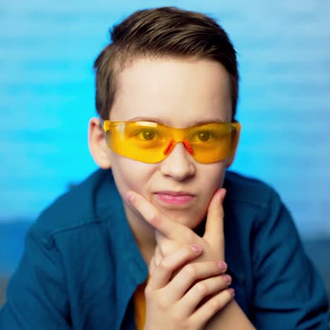 boy in a medical glasses. concept of quarantine and protection virus, flu, epidemic covid-19. social distancing, self- isolation. coronavirus quarantine