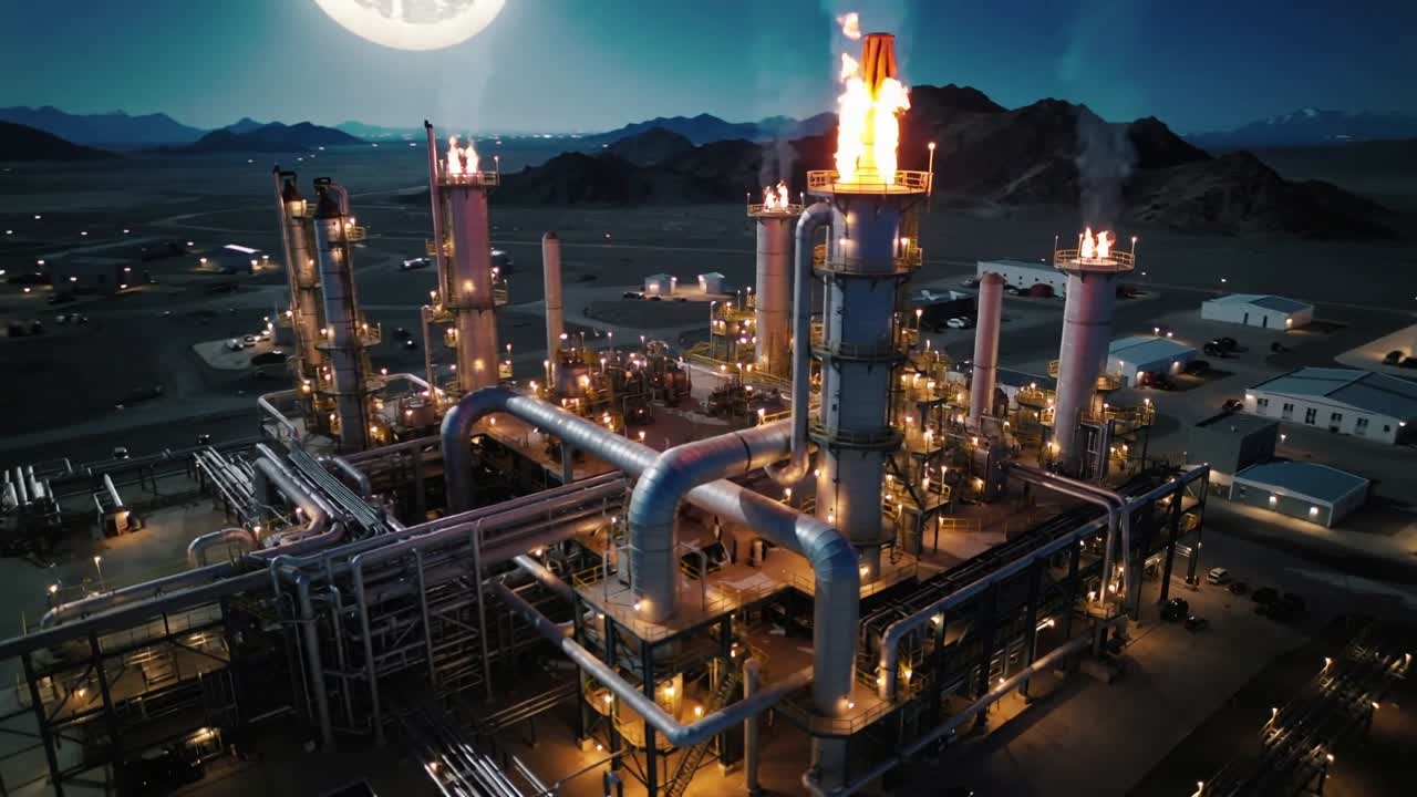 Approaching drone surveying industrial plant at desert valley, showing flare stacks and piping