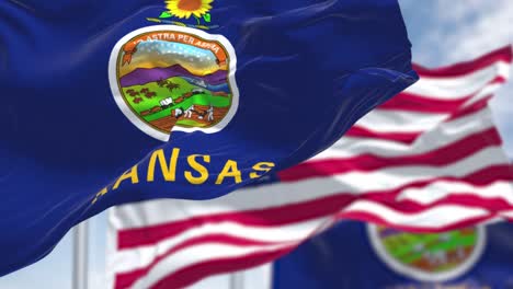 seamless loop in slow motion with two kansas state flags waving along with the national flag of the united states of america