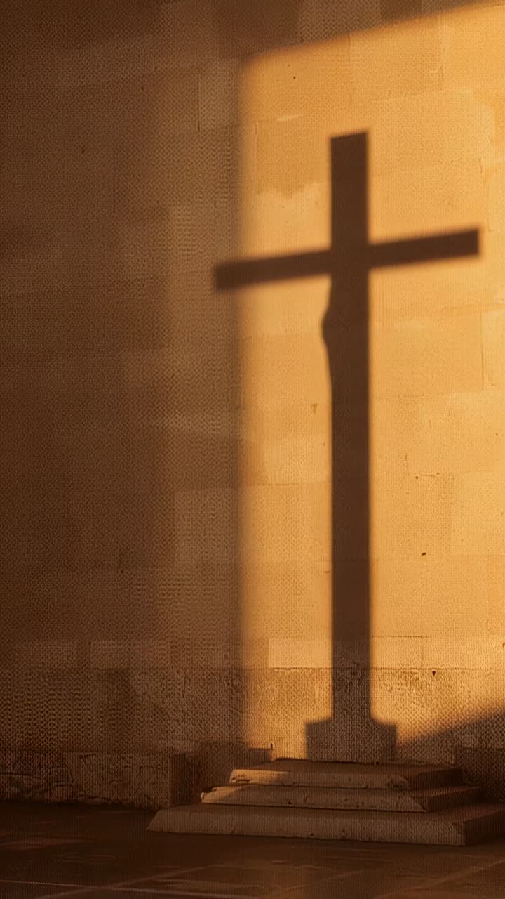 Vertical video: Shining sun casting cross silhouette on church courtyard wall, parking lines