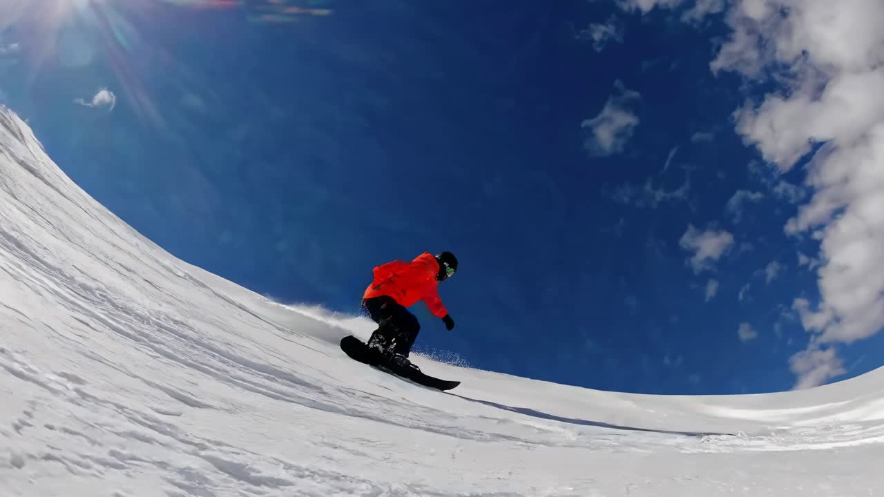 Dynamic video of a snowboarder in a red jacket carving down a snowy slope