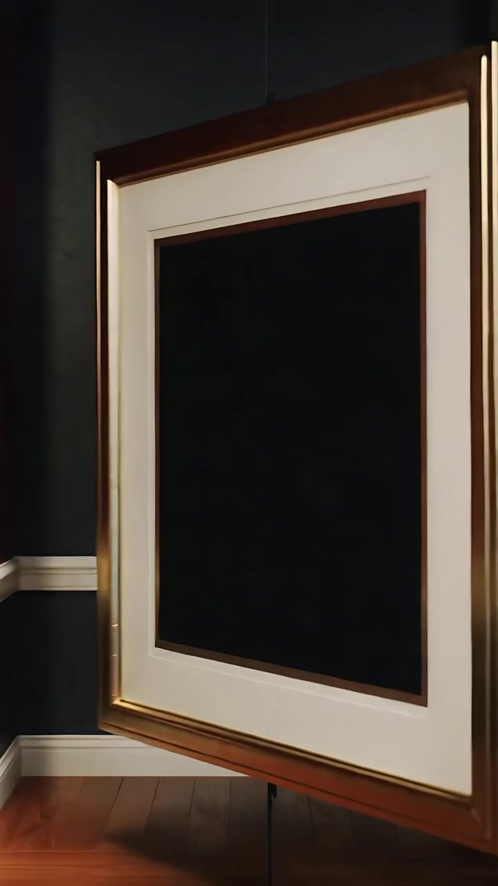 Vertikální video: Kamera se oddaluje, zlatý rám mění květinové umění v černý čtverec u zdi.