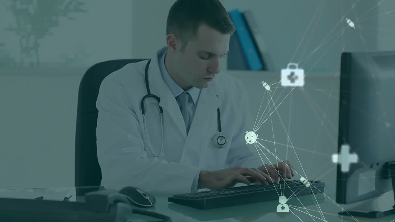 Typing on keyboard, doctor with stethoscope and medical icons network animation