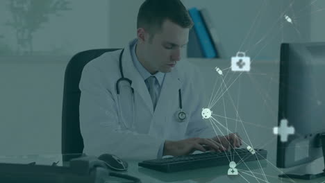 typing on keyboard, doctor with stethoscope and medical icons network animation