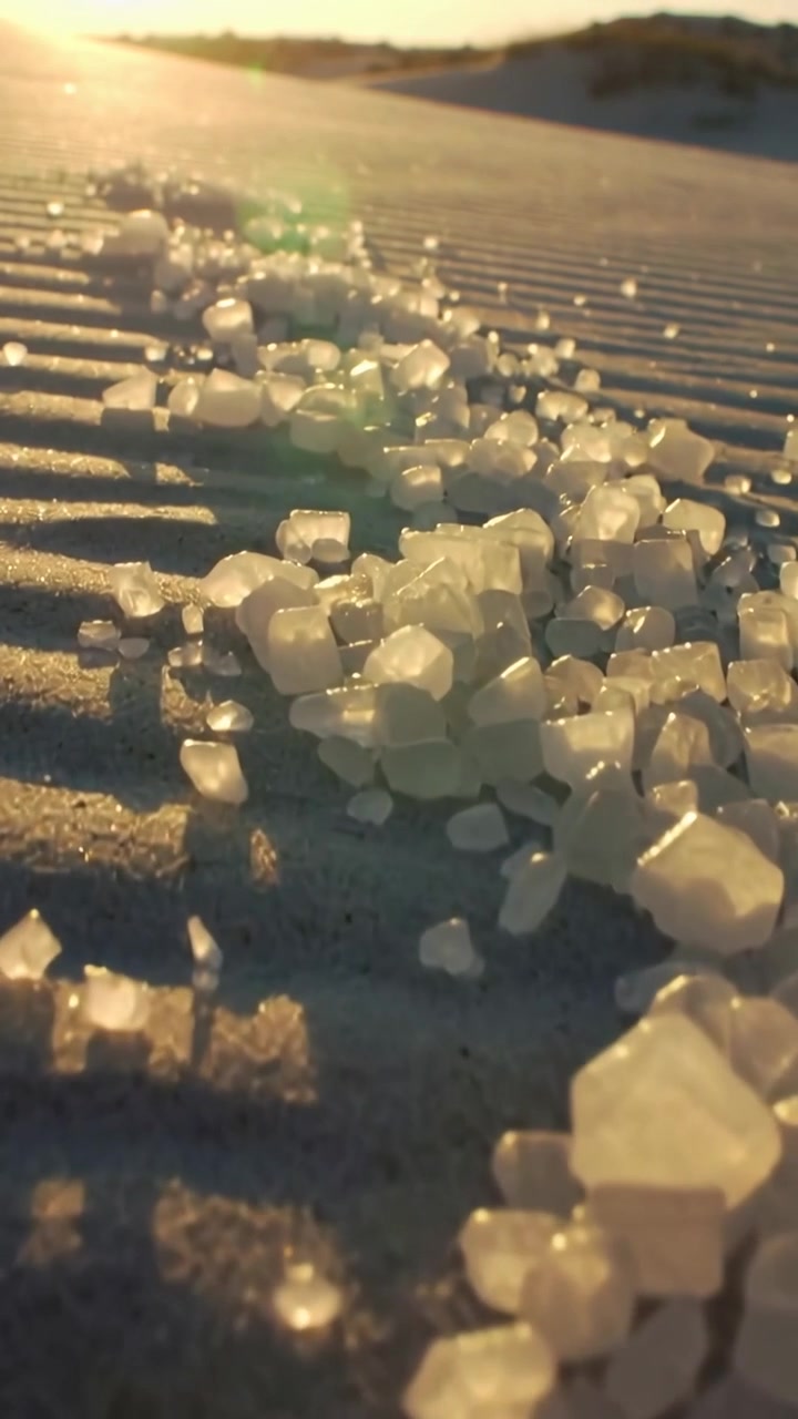 Video verticale: La telecamera si sposta rivelando una linea di cristalli di sale su sabbia increspata, che cattura il riflesso del sole