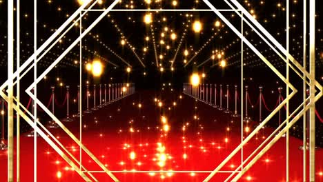 animation of gold line pattern over flaming balls falling at red carpet venue with moving spotlights