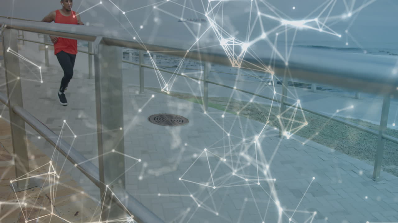 네트워크의 애니메이션과 데이터 처리 남성 운동선수와 바다에서 운동하는 러닝 블레이드