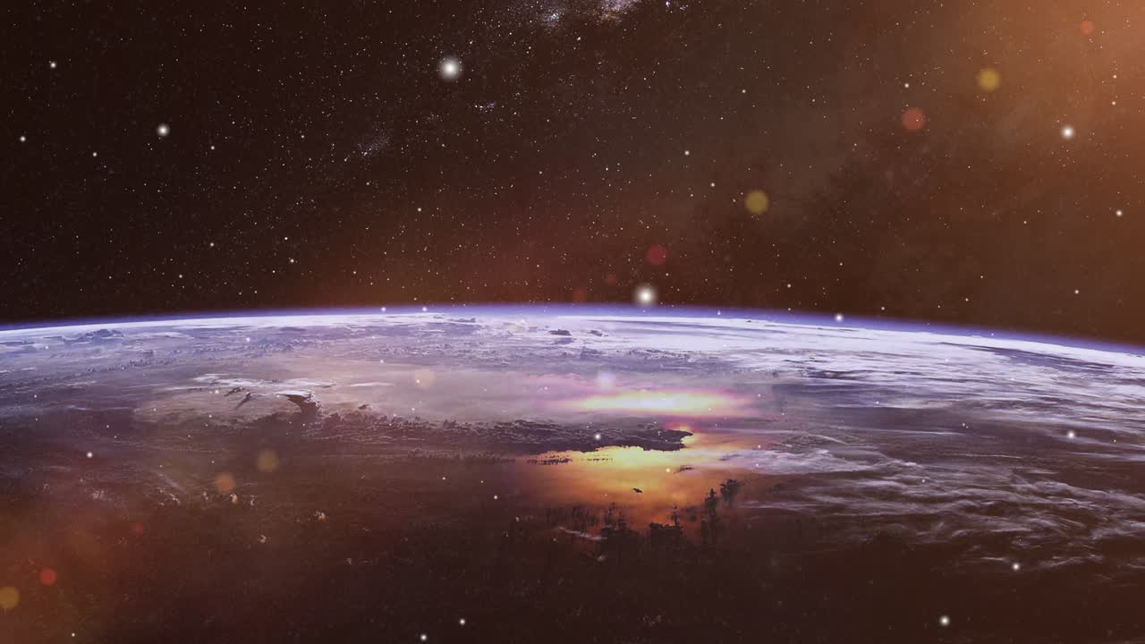 punto de vista, la superficie de la puesta de sol o el amanecer de la tierra desde el espacio exterior que está tachonado de estrellas