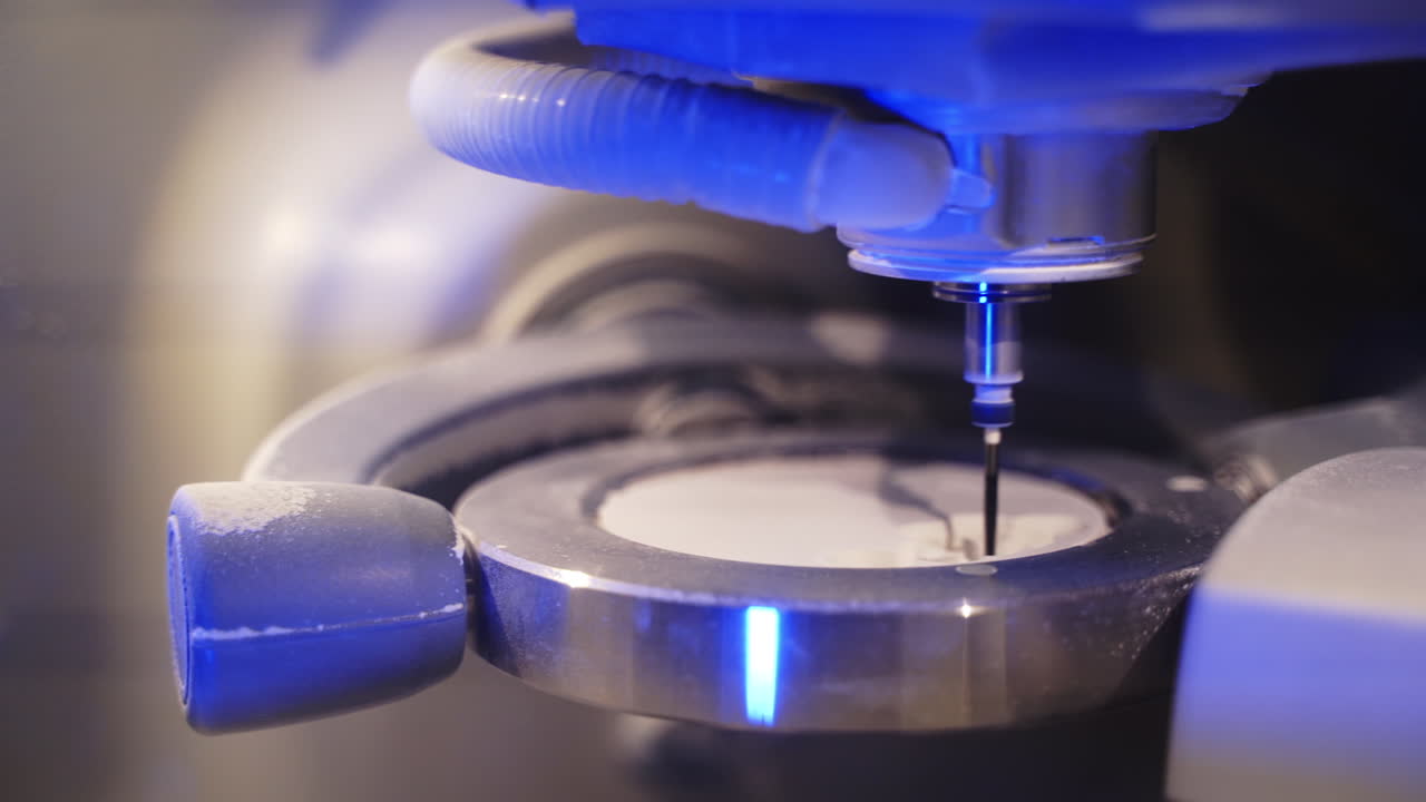 Advanced technology in dentistry. Work of the dental milling machine processing of carving out shape of human teeth. Close-up.