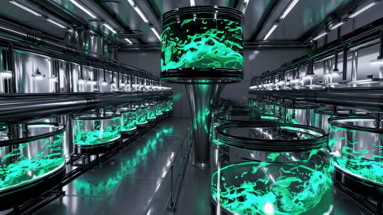 Futuristic Laboratory with Glowing Green Tanks