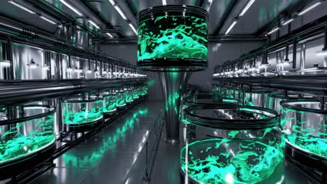 futuristic laboratory with glowing green tanks
