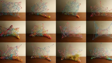 visually captivating transformation of colorful rubber bands into an intricate 3d mesh structure showcasing artistic complexity and creativity from start to finish