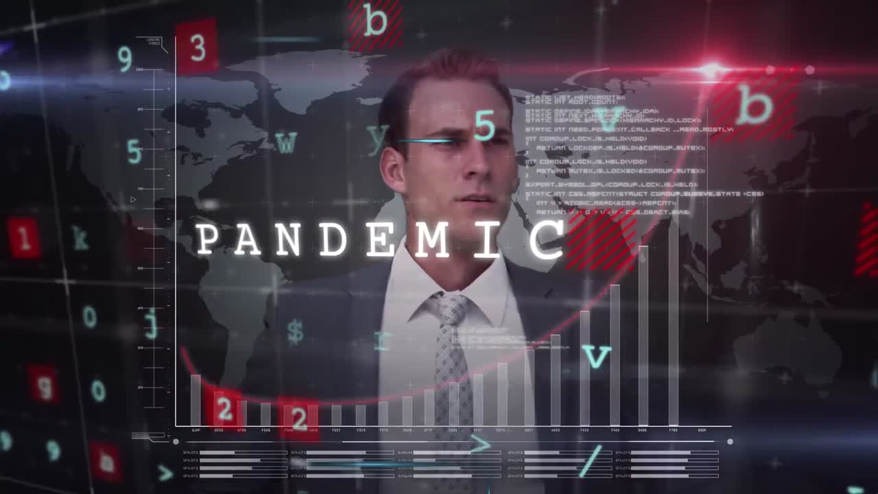 코로나19 텍스트의 애니메이션과 검은색 배경의 백인 사업가