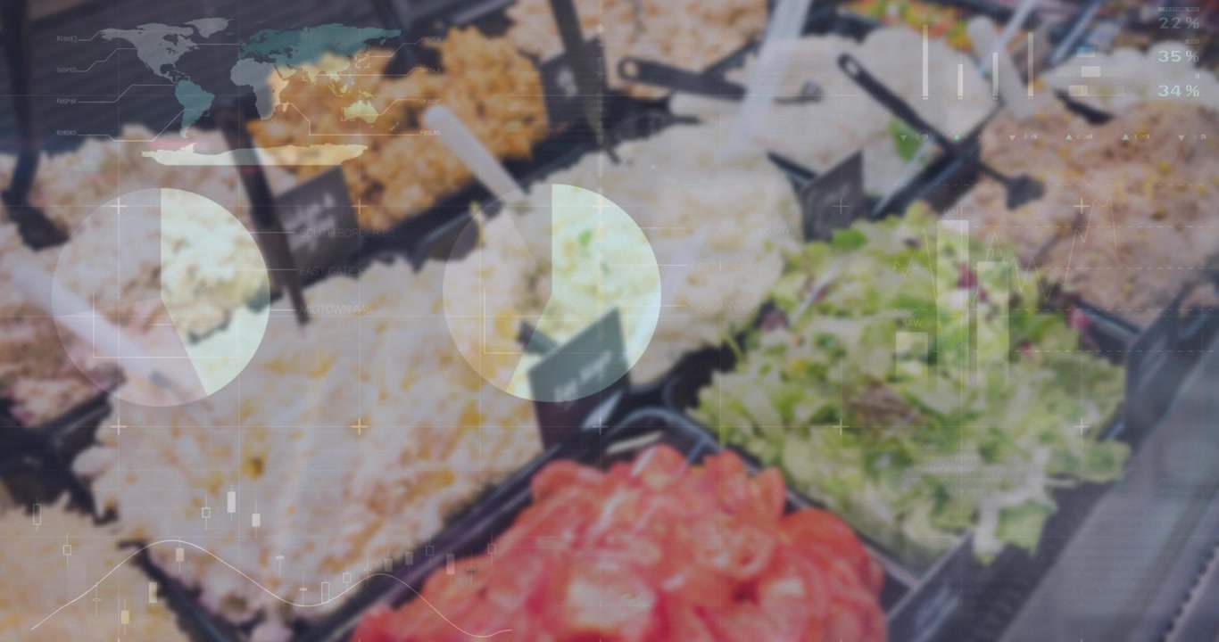 Animazione di un'interfaccia infografica che si muove su cibo fresco con cartellini del prezzo in vendita nel negozio