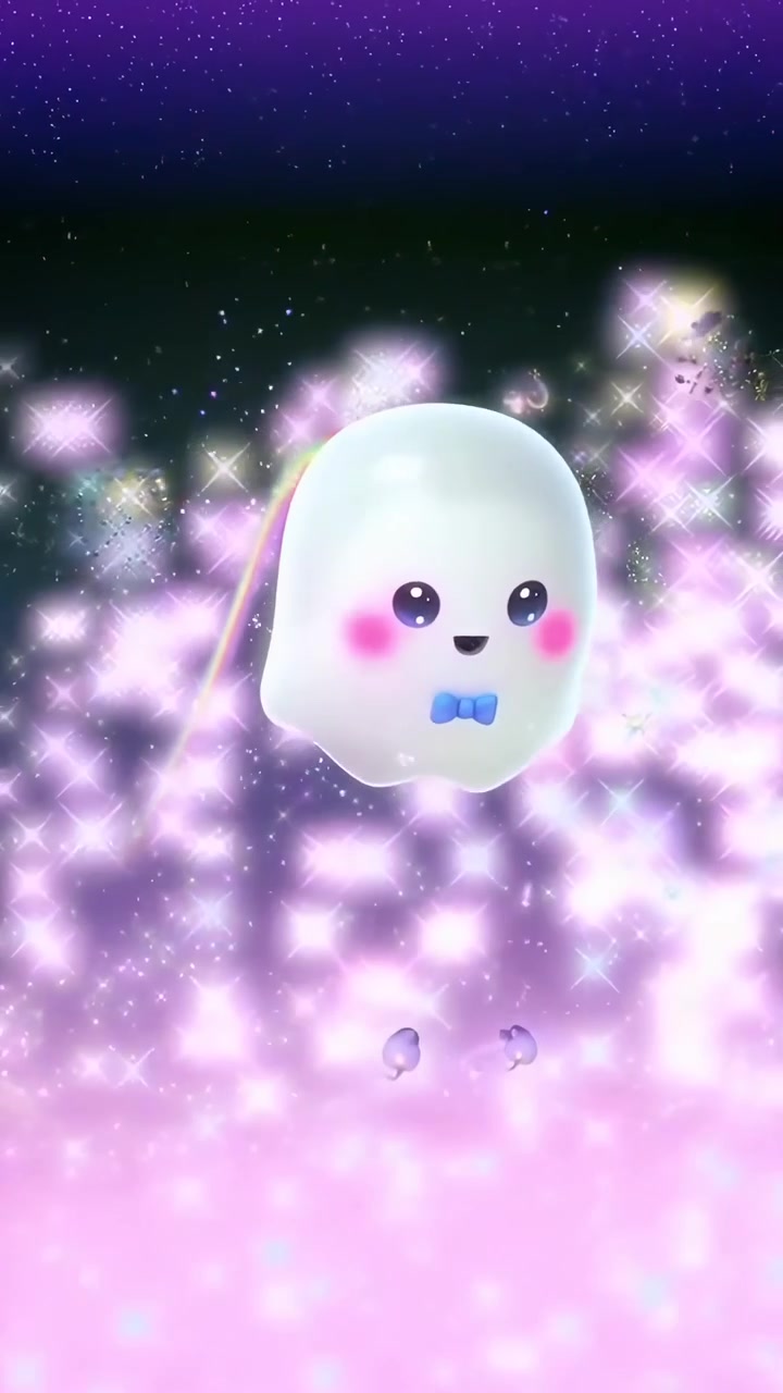 Adorabile fantasma a cartone animato che vola nello spazio con scia arcobaleno