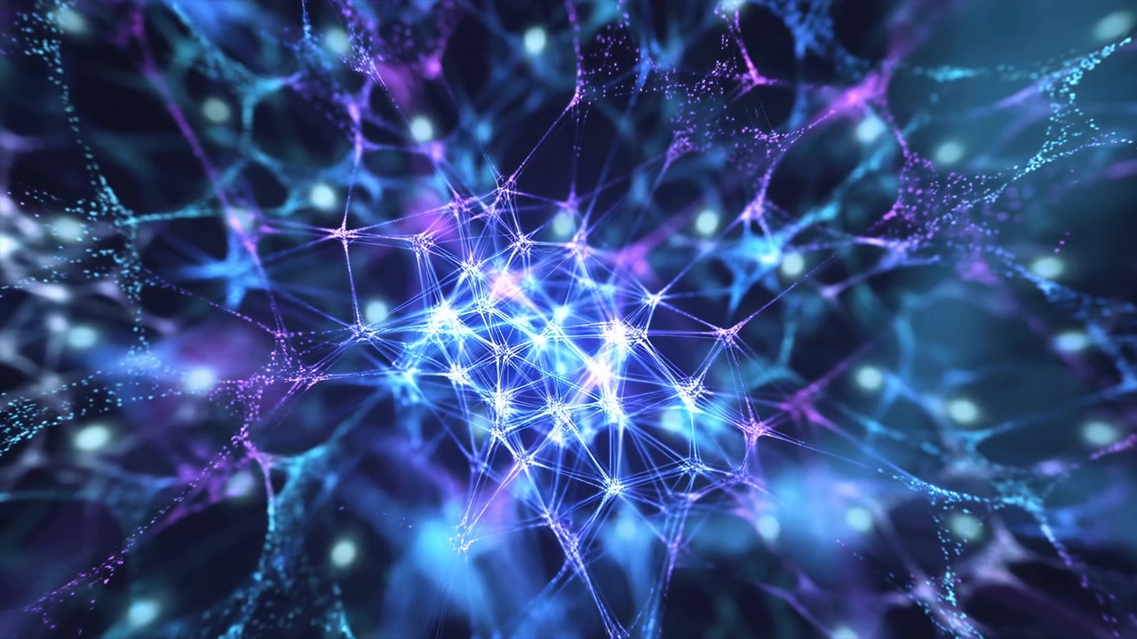 neurons flashing and glowing in a dark blue and purple setting with a close-up view of dynamic, energetic neuronal structures for scientific visualization and neuroscience research.