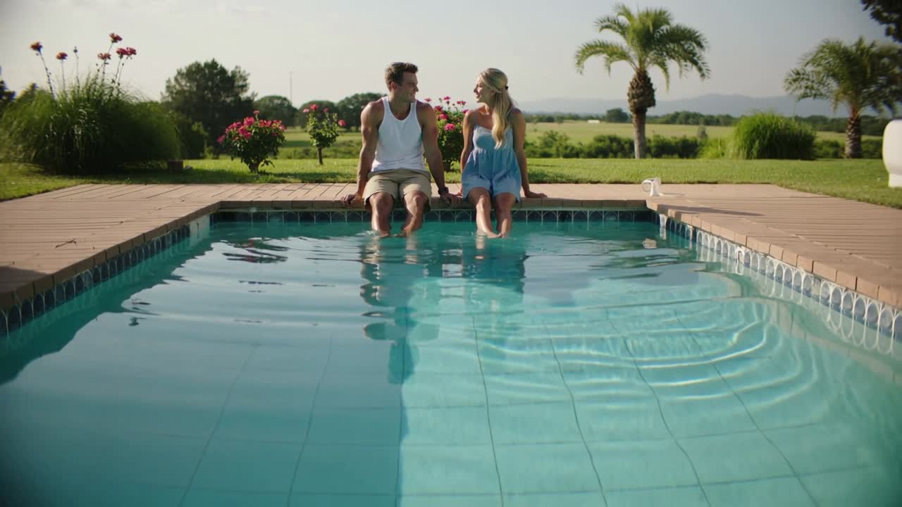 Snakkende mand i hvid undertrøje og kvinde i blå sommerkjole sidder ved poolkanten, hvor solen opmuntrer til samtale.