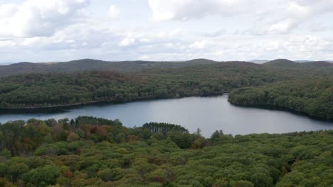 picturesque lake in a vast forest - aerial pull back view in autumn