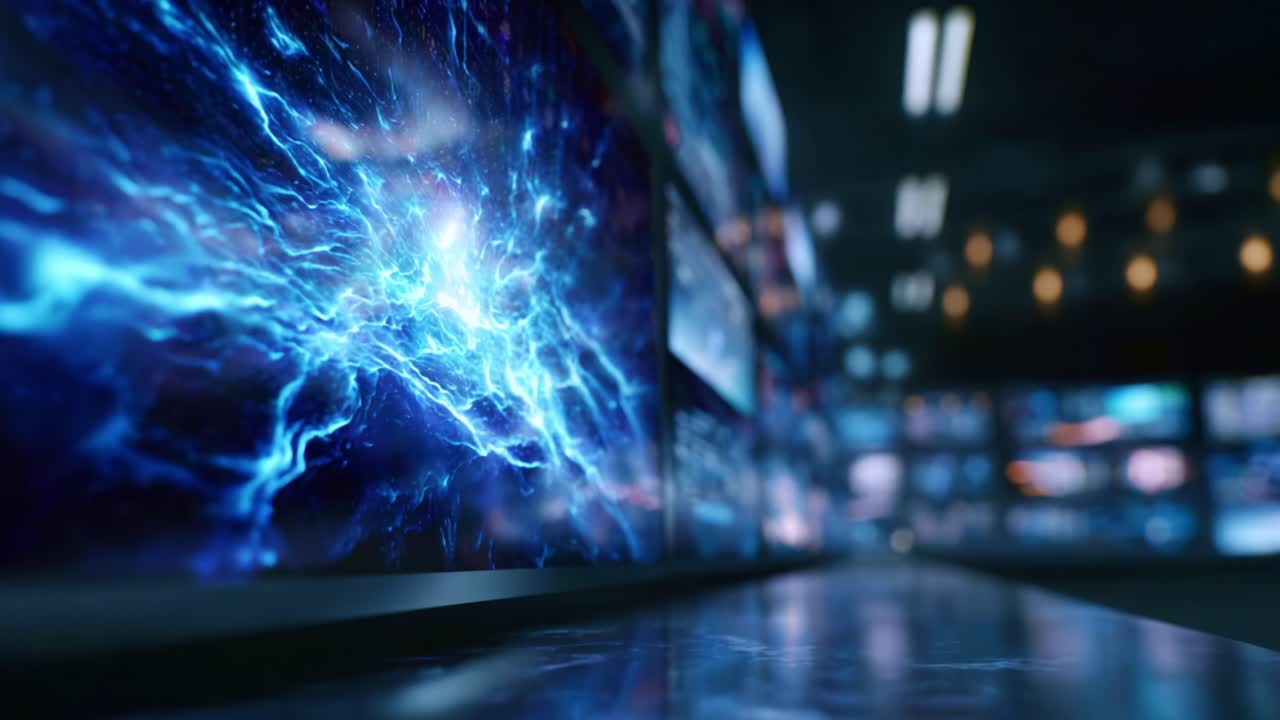 Dynamic Energy Display: A Visual Exploration of Electric Blue Patterns and Light Reflections in a Modern Digital Environment Enhanced by High-Tech Screens