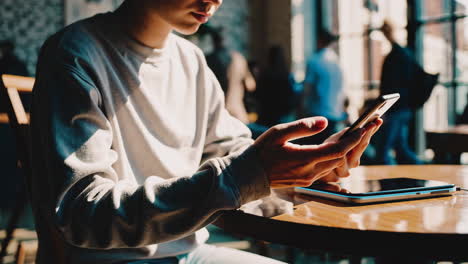 young person using smartphone and tablet in cafe