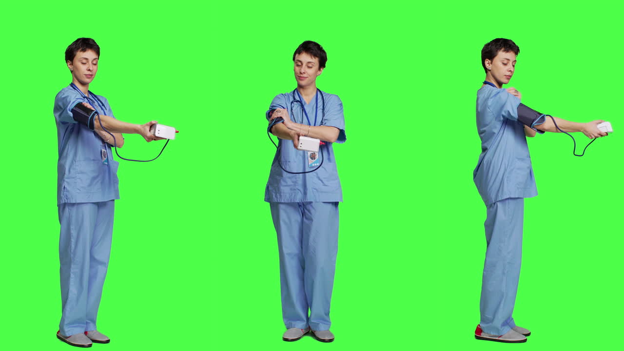 동맥 혈압을 측정 하는 데 사용 되는 톤미터 를 보여 주는 의료 보조자