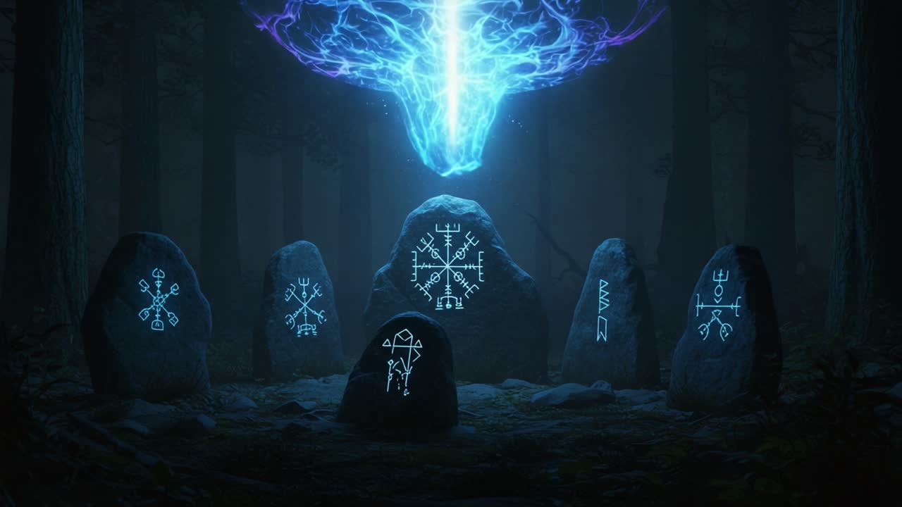 Mystical Forest Encounter: A Glimpse Into an Arcane Ritual Amid Ancient Stones and Ethereal Energy Amidst a Shadowscape of Trees and Ancient Symbols