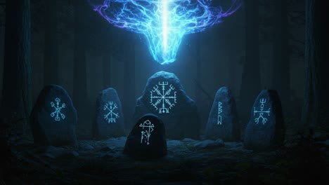 mystical forest encounter: a glimpse into an arcane ritual amid ancient stones and ethereal energy amidst a shadowscape of trees and ancient symbols