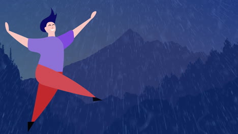 animación de un hombre y una mujer alegres bailando siluetas de montañas durante la nevada