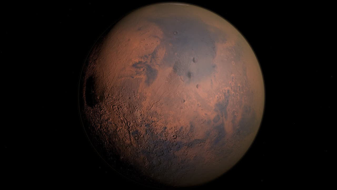 Mars Planet Rotating in the outer space.. Orbiting Planet Mars. Traveling to the red planet Mars in space. Elements of this video furnished by NASA.
