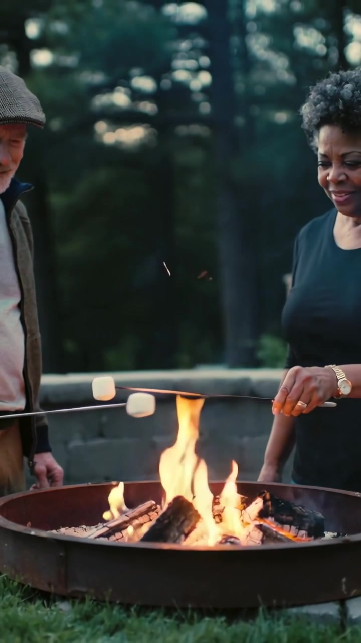 Video verticale: Due persone che arrostiscono marshmallow spostando gli spiedini mentre le fiamme divampano vicino al braciere, con un uomo con berretto.