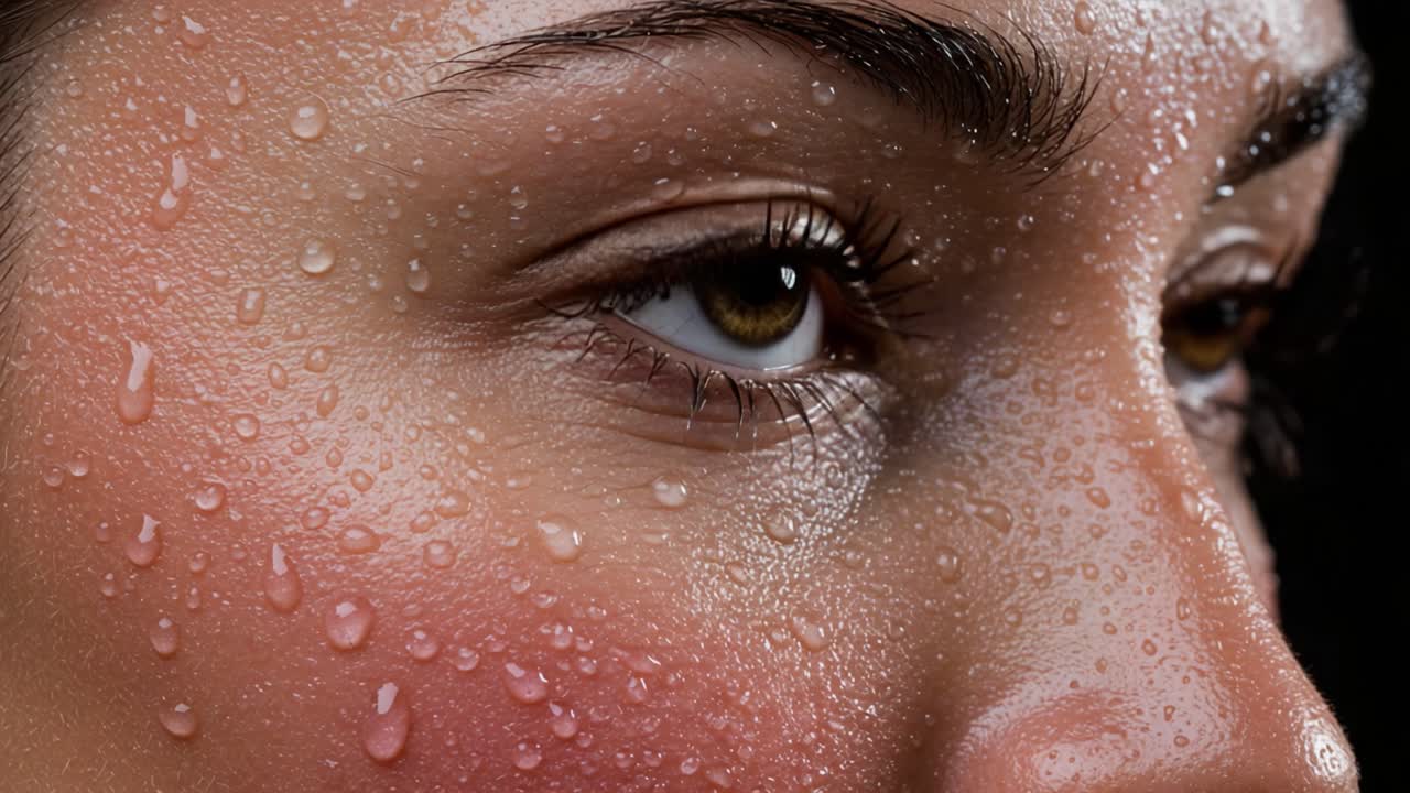 Close-Up of a Human Eye with Moisture: Capturing the Dazzling Details of Skin Textures and Water Beads, Highlighting the Intricacies of Natural Beauty in a Stunning Portrait