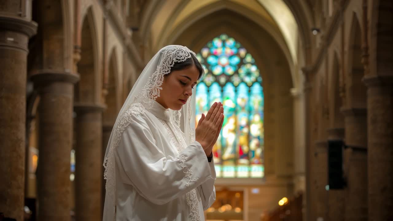 Pulling back shot revealing solitary praying woman in cathedral with lace veil and stained glass