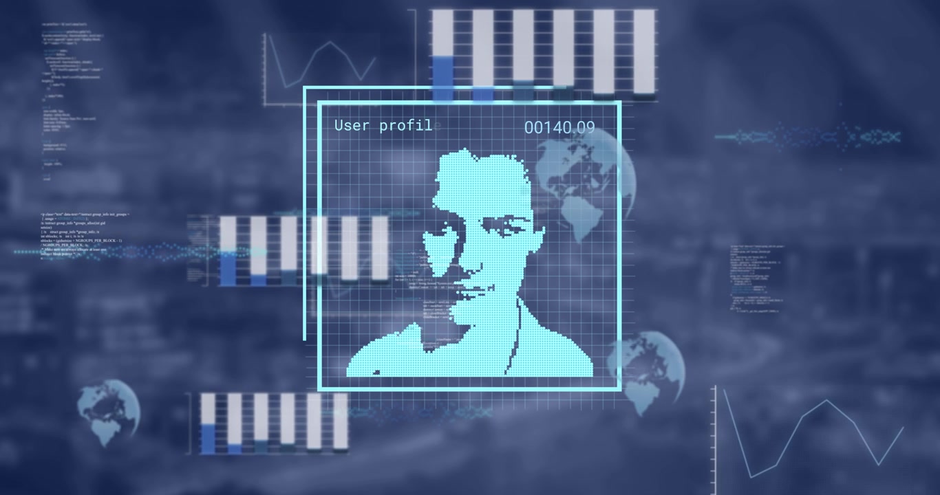Animation of data processing and people icons over blurred background