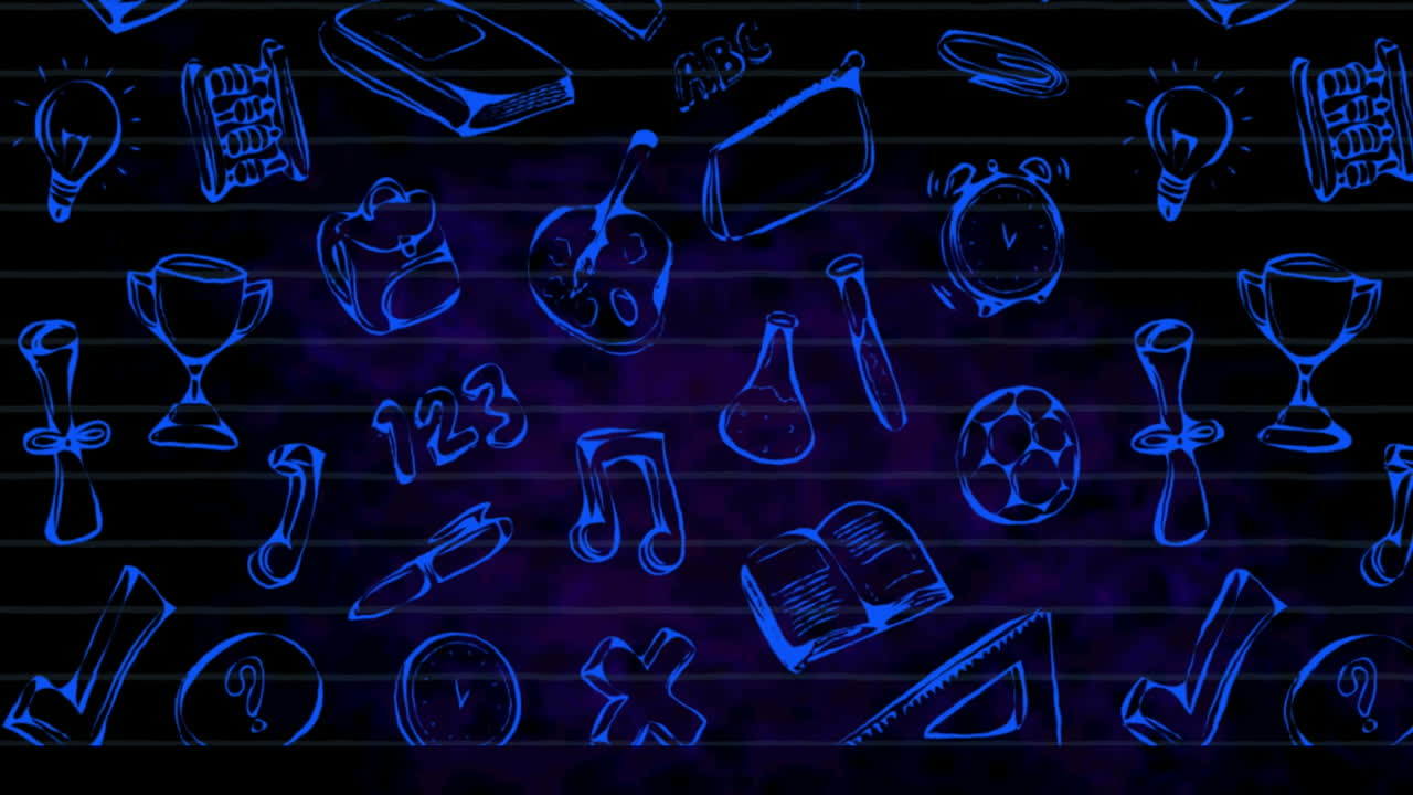 animación de los iconos de los artículos escolares en fondo negro