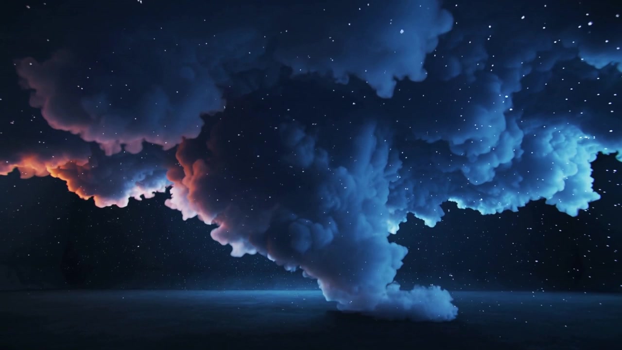 Un bagliore mutevole spinge una colonna di nuvole scolpite che scende verso l'orizzonte, con un bordo arancione e una luce blu.