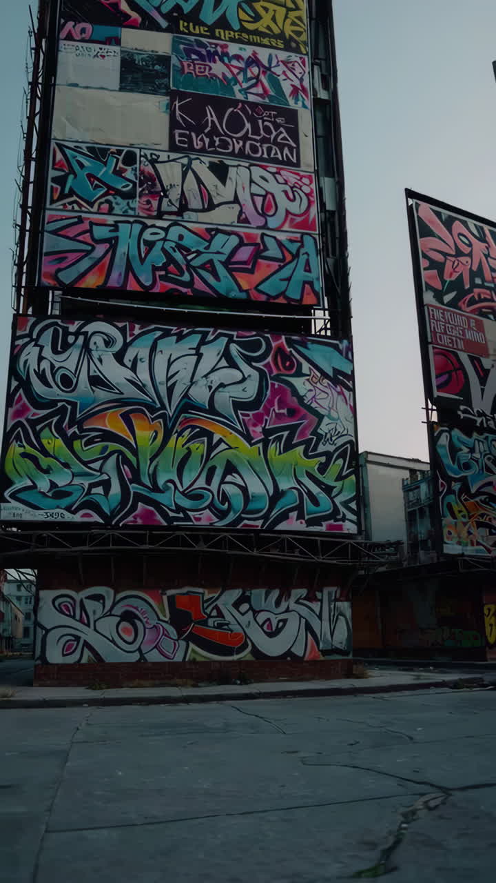 Cartelloni pubblicitari coperti di graffiti in un contesto urbano