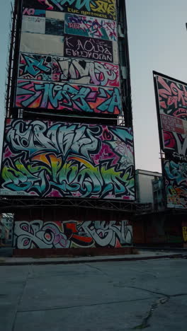 graffiti-covered billboards in an urban setting