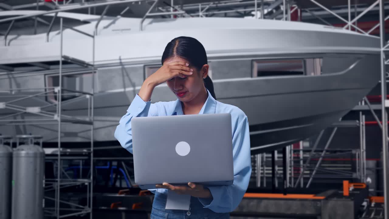 Asian Female With Her Laptop with Yacht Construction in Modern Shipyard, She Is Nodding Her Shead With Dissapionted
