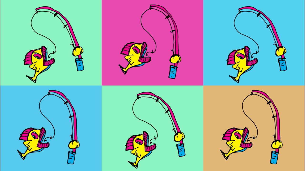 bambini che disegnano pop art sullo sfondo senza cuciture con il tema della pesca