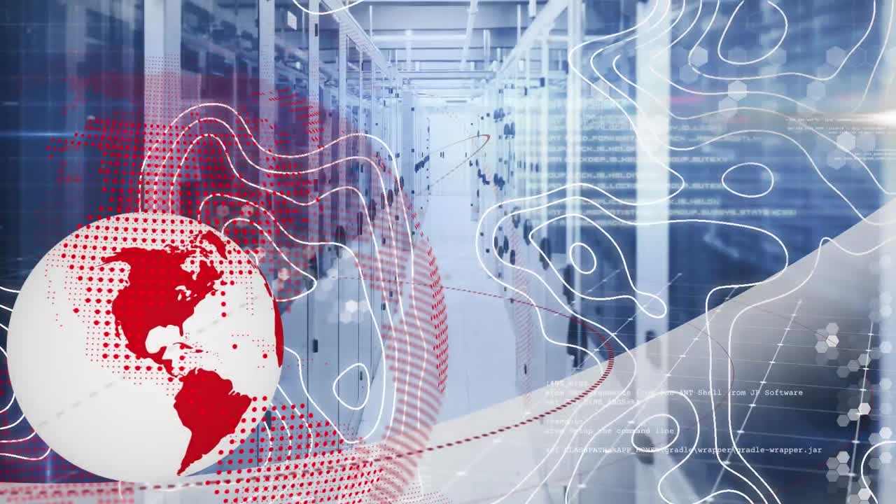 Animation of globe, white lines and data processing over computer servers