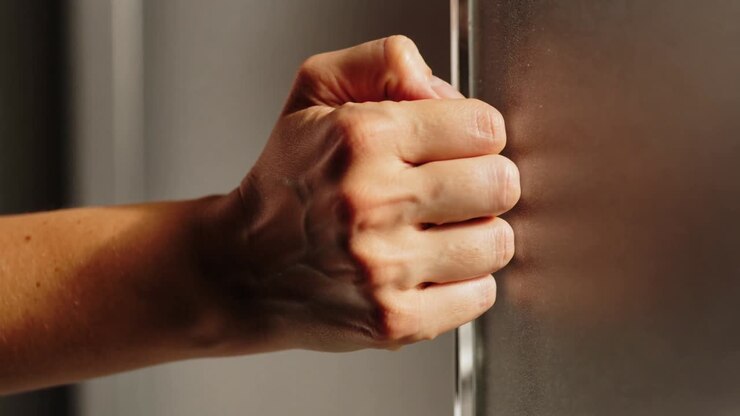 Rechterhand raakt de rand van gematteerd glas aan, verstevigt de grip, houdt en stabiliseert het paneel.