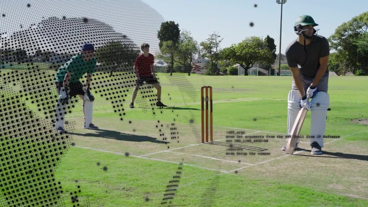 Slagmann justerer grepet og svinger på ballen for å score i cricket, med et globusoverlegg som skjuler keeperen