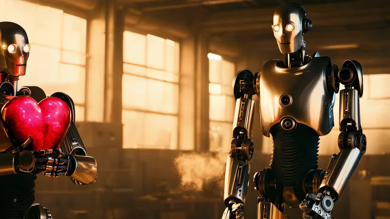 robots intercambiando un regalo en forma de corazón