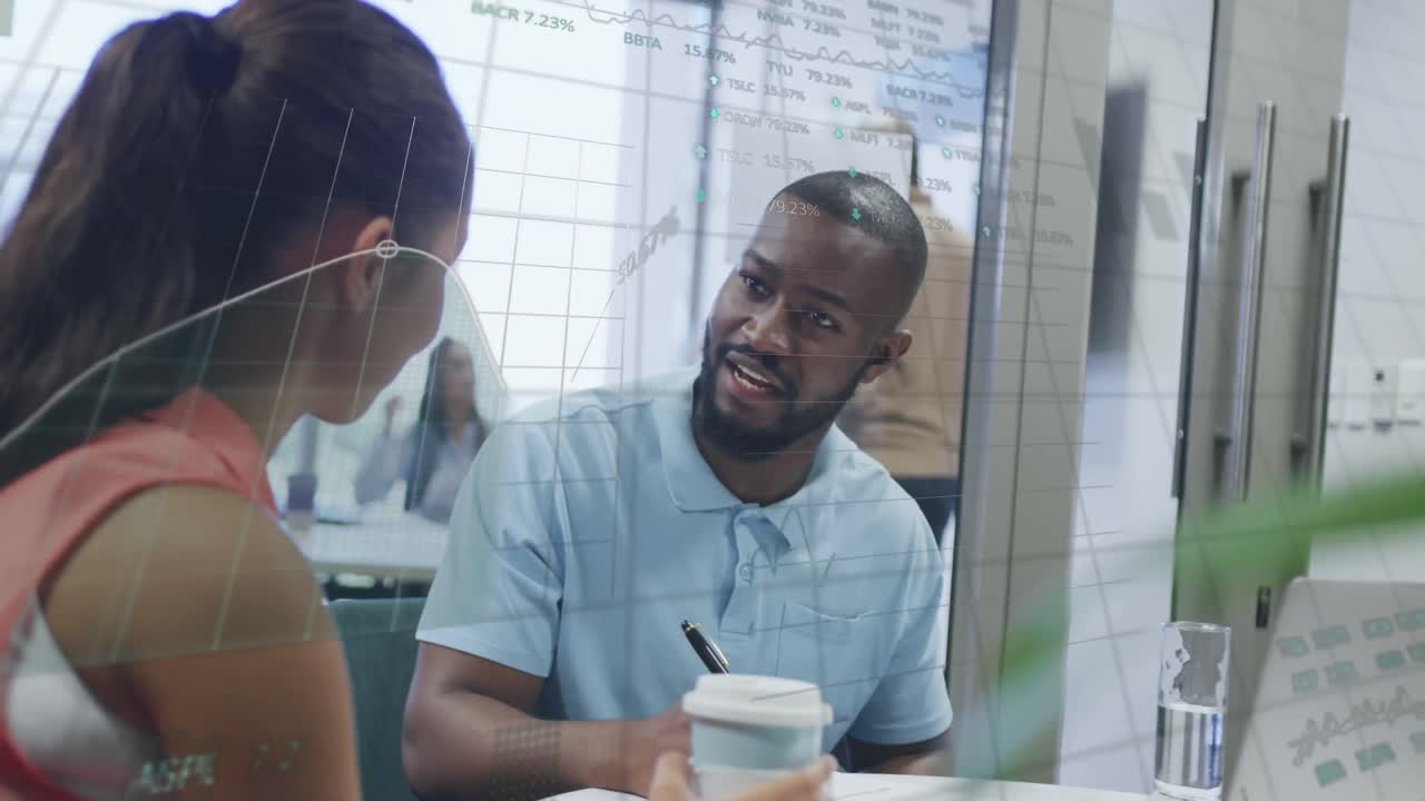 Animation of financial data processing over diverse business people discussing work at office