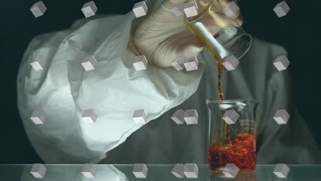 animación de filas de cubos blancos sobre un científico vertiendo líquido en un vaso de laboratorio