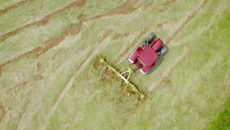 isolated red mower cutting grass. aerial drone view