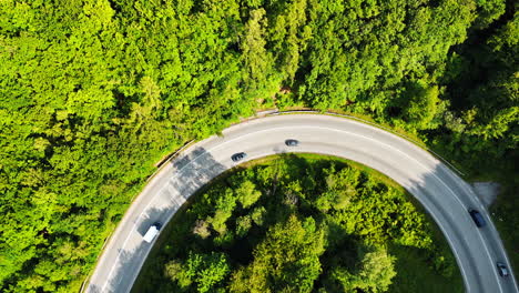 loop of the road crossing the lush greenery. cars moving by the highway in the woods. top view