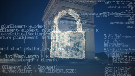 Animation-of-data-processing-and-padlock-icon-over-sky-triumphal-arch