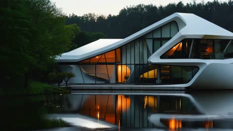 a modern house on a lake with a reflection in the water